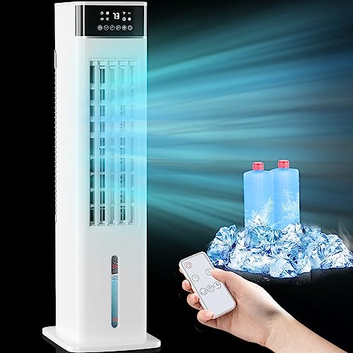 AKIRES 30" Small Portable Evaporative Air Cooler,Swamp Cooler with 12H Timer,3 Speeds,3 Modes,2 Ice Packs,Remote & Panel Control,Bladeless Oscillating Cooling Tower Fan for Bedroom Indoor Room Office