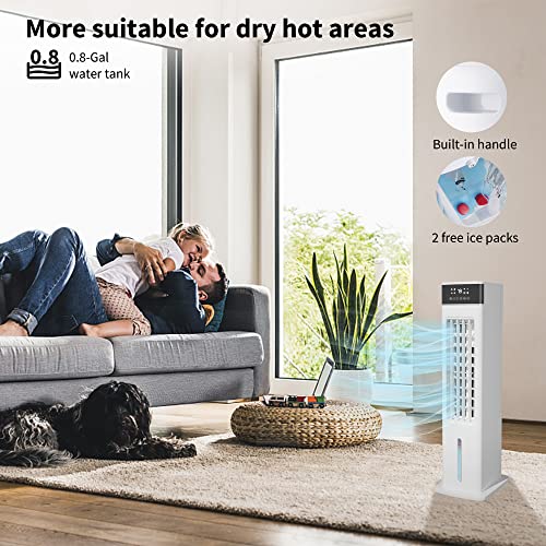 AKIRES 30" Small Portable Evaporative Air Cooler,Swamp Cooler with 12H Timer,3 Speeds,3 Modes,2 Ice Packs,Remote & Panel Control,Bladeless Oscillating Cooling Tower Fan for Bedroom Indoor Room Office