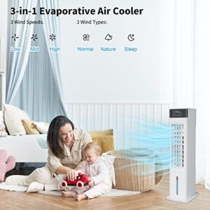 AKIRES 30" Small Portable Evaporative Air Cooler,Swamp Cooler with 12H Timer,3 Speeds,3 Modes,2 Ice Packs,Remote & Panel Control,Bladeless Oscillating Cooling Tower Fan for Bedroom Indoor Room Office