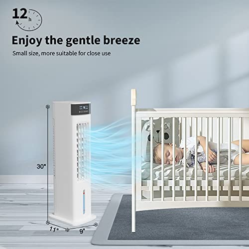 AKIRES 30" Small Portable Evaporative Air Cooler,Swamp Cooler with 12H Timer,3 Speeds,3 Modes,2 Ice Packs,Remote & Panel Control,Bladeless Oscillating Cooling Tower Fan for Bedroom Indoor Room Office