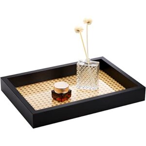 suwimut rectangle serving tray with imitated rattan, black decorative ottoman tray, rattan hometray, basket serving tray with black wooden frame for breakfast, coffee, food, drink, makeup