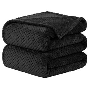 uxcell flannel fleece bed blankets, soft warm microfiber blanket, mesh fuzzy plush 330gsm lightweight decorative solid blankets for bed throw (50"x60") black