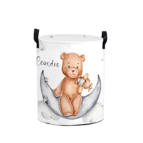 Teddy Bear Sits on Moon Personalized Foldable Freestanding Laundry Basket Clothes Hamper with Handle, Custom Collapsible Storage Bin for Toys Bathroom Laundry