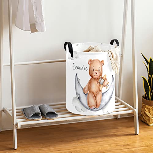 Teddy Bear Sits on Moon Personalized Foldable Freestanding Laundry Basket Clothes Hamper with Handle, Custom Collapsible Storage Bin for Toys Bathroom Laundry