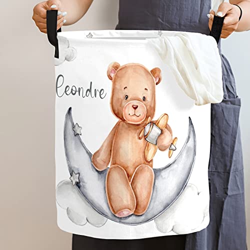 Teddy Bear Sits on Moon Personalized Foldable Freestanding Laundry Basket Clothes Hamper with Handle, Custom Collapsible Storage Bin for Toys Bathroom Laundry