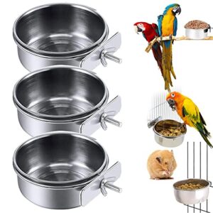 dyaprigo 3 pack stainless steel bird feeding dish cups, pet cage seed feeder, parrot food water bowls with clamp for small animal, parrot cockatiel conure budgies parakeet, 3.9 inch