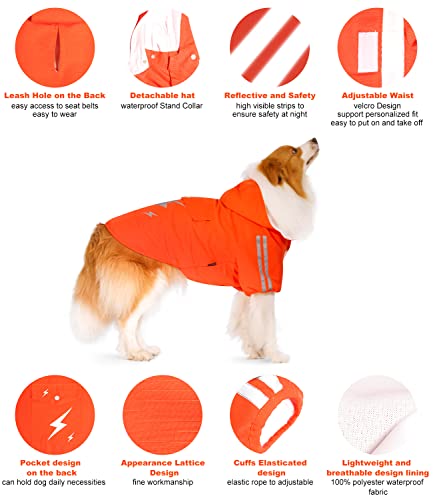 Dog Raincoat, Waterproof Hooded Dog Rain Jacket, Adjustable Dog Raincoat with Hood Leash Hole, Lightweight Pet Raincoat with Reflective Strip, Dog Raincoats for Small Medium Large Dogs (Large, orange)