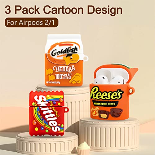 3PACK Cute Cover for Airpod Case 2nd Generation, Funny Goldfish+Rainbow Candy+Chocolate Food Protective Cases, Kawaii Cartoon Soft Silicone Design for Apple Air Pod 2/1 Women Girls Boys with Keychain