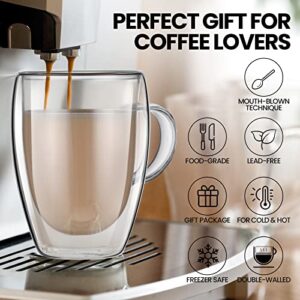 Potchen 8 Pack 12 Oz Double Wall Glass Coffee Mugs Clear Glass Coffee Cups with Handle Insulated Coffee Mug Glass Cups for Cafe Latte