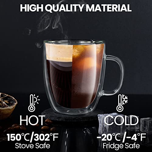 Potchen 8 Pack 12 Oz Double Wall Glass Coffee Mugs Clear Glass Coffee Cups with Handle Insulated Coffee Mug Glass Cups for Cafe Latte