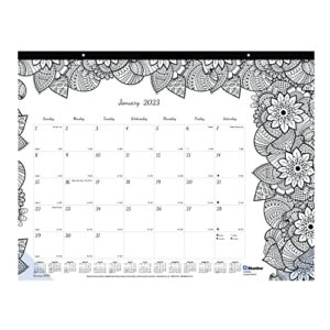 blueline 2023 doodleplan monthly coloring desk pad calendar, 12 months, january to december, 22" x 17", botanica designs (c2917311-23), black/white