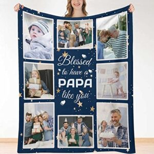 HUGLAZY Gifts for Papa Grandpa Personalized Custom Customized Blankets with Photos Happy Fathers Day Birthday Gifts with Photos Picture Blankets Throw Gifts for Grandfather from Grandkids