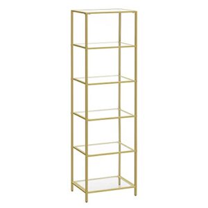 vasagle bookcase, 6-tier bookshelf, slim shelving unit for bedroom, bathroom, home office, tempered glass, steel frame, gold color ulgt500a01