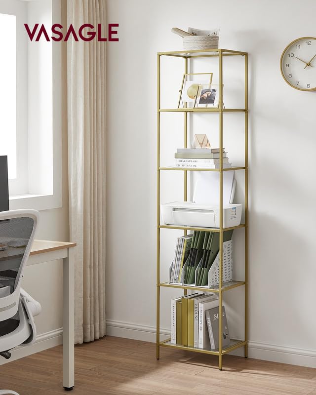 VASAGLE Bookcase, 6-Tier Bookshelf, Slim Shelving Unit for Bedroom, Bathroom, Home Office, Tempered Glass, Steel Frame, Gold Color ULGT500A01