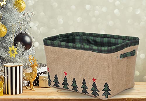 Christmas Baskets for Gifts Empty, Christmas Decorative Storage Baskets with Handles for Holidays Christmas Halloween, Christmas Tree Pattern Large Foldable Organizer Bins for Living Room 13"