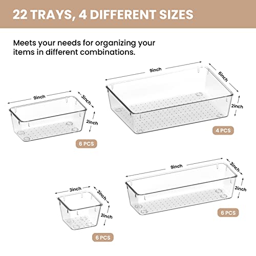 HAMOPY Drawer Organizer, 22 Pcs PET Drawer Organizer Set with Nonslip Silicone Pads, 4 Size Clear Drawer Organizer Trays Vanity Dividers Storage Bins for Makeup, Jewelry, Office, Bedroom and Bathroom