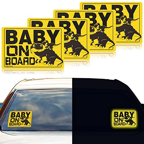 Honitra 4PCS Baby On Board Sticker for Cars, Waterproof Baby On Board Sign, Reflective Strip Baby On Board Sticker for Remind Driver, Dinosaur Pattern car stickers - Not Fade Easily, Baby On Board Need