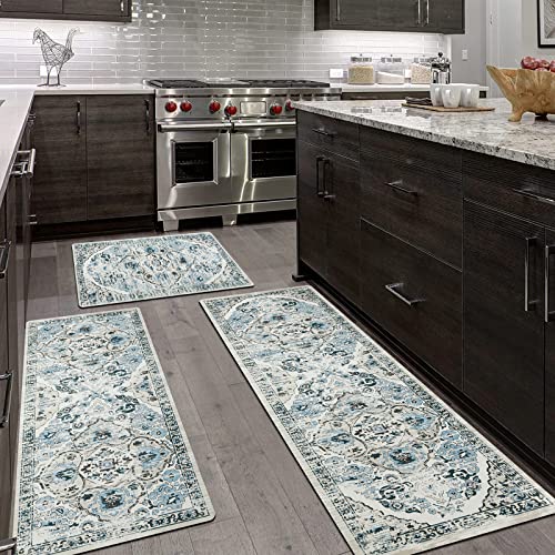 HEBE Boho Kitchen Rug Sets 3 Piece with Runner Farmhouse Rubber Kitchen Mats for Floor Non Slip Washable Thin Kitchen Area Rug Floor Mat Waterproof Hallway Laundry Room Runner Rug