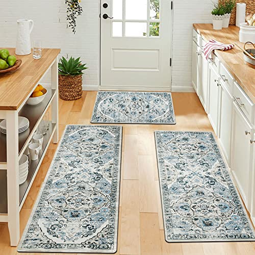 HEBE Boho Kitchen Rug Sets 3 Piece with Runner Farmhouse Rubber Kitchen Mats for Floor Non Slip Washable Thin Kitchen Area Rug Floor Mat Waterproof Hallway Laundry Room Runner Rug