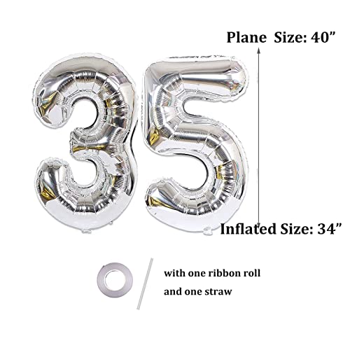 Number 35 Balloon 40 Inch Giant Foil Helium Balloons Jumbo 35 Number Balloons for Birthday Anniversary Festival Party Home Office Decor, Silver 35