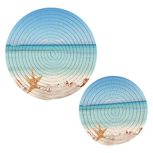 Summer Starfish Sandy Hot Mats Pads for Kitchen Heat Resistant, Seaside Coast Decorative Trivets for Hot Pots Pans Counter Tops Dining Washable Pot Holder Coasters Set