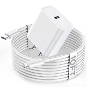 apple fast charger, 10ft extra long iphone charger【apple mfi certified】20w super quick charging usb c wall charger block with 10foot lightning cable cord for 14/13/12/11/x/xr/se/ipad