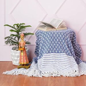 indian haat bazaar throw blanket - pure cotton diamond pattern countryside boho farmhouse soft and warm cozy blanket & throws for sofa - blue - 50x60 inches (trw00001-nb-5060)