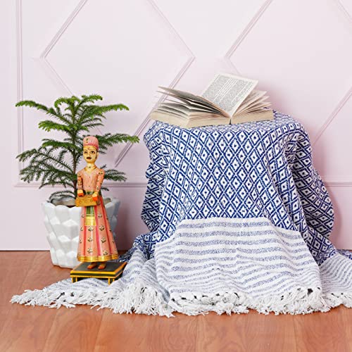 Indian Haat Bazaar Throw Blanket - Pure Cotton Diamond Pattern Countryside Boho Farmhouse Soft and Warm Cozy Blanket & Throws for Sofa - Blue - 50x60 Inches (TRW00001-NB-5060)