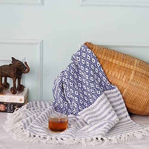 Indian Haat Bazaar Throw Blanket - Pure Cotton Diamond Pattern Countryside Boho Farmhouse Soft and Warm Cozy Blanket & Throws for Sofa - Blue - 50x60 Inches (TRW00001-NB-5060)