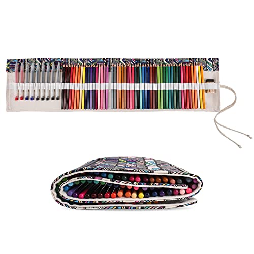 Surblue Canvas Pencil Case Pencil Roll Wrap with 72 Slots Coloring Pencil Holder Organizer Paint Brush Storage Pouch Portable for Artist,Writer (Multicolour