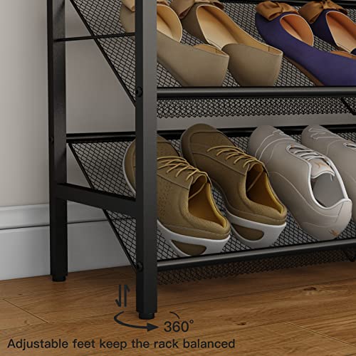 LIDYUK Shoe Rack, 5-Tier Shoe Organizer with 4 Slanted Metal Mesh Storage Shelves and Wood Top, Free Standing Shoe Rack for Entryway, Hallway, for 20-24 Pairs of Shoe Storage, Rustic Brown