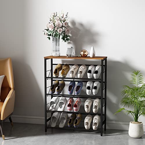 LIDYUK Shoe Rack, 5-Tier Shoe Organizer with 4 Slanted Metal Mesh Storage Shelves and Wood Top, Free Standing Shoe Rack for Entryway, Hallway, for 20-24 Pairs of Shoe Storage, Rustic Brown