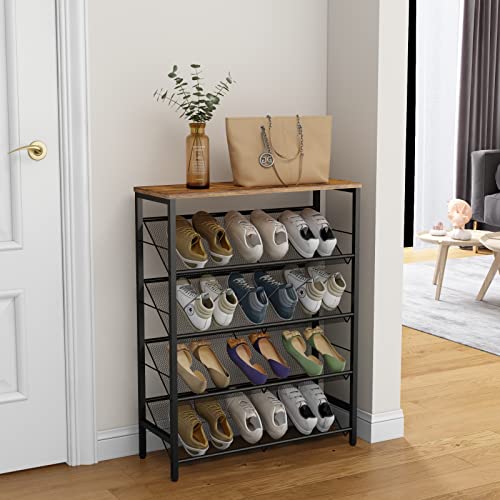 LIDYUK Shoe Rack, 5-Tier Shoe Organizer with 4 Slanted Metal Mesh Storage Shelves and Wood Top, Free Standing Shoe Rack for Entryway, Hallway, for 20-24 Pairs of Shoe Storage, Rustic Brown