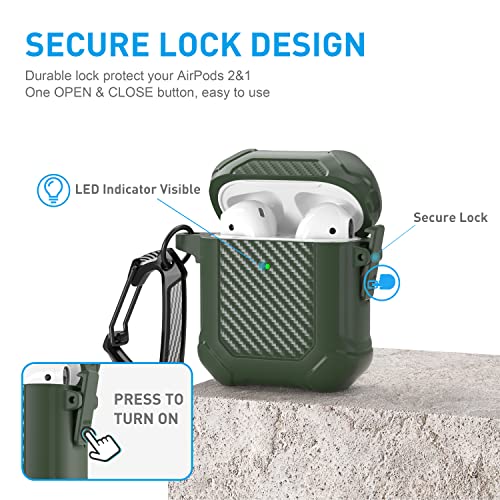 Maxjoy for AirPods 2 Case Cover, Airpods Protective Case with Lock Gen 2 Hard Shell Rugged Shockproof Cover with Keychain Compatible with Apple Airpods2 Airpods 1 Generation, Army Green