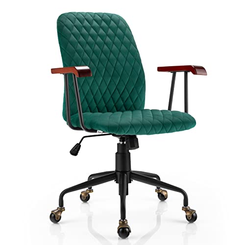 Giantex Home Office Desk Chair Green, Vintage Adjustable Swivel Rolling Chair with Copper Wheels & Armrest, Mid Century Leisure Chair, Velvet Upholstered Computer Chair for Work, Study