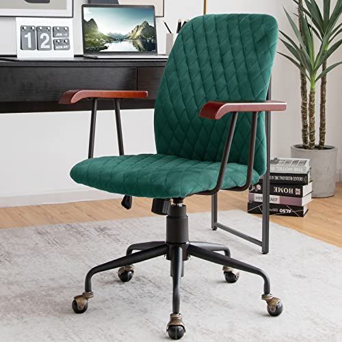 Giantex Home Office Desk Chair Green, Vintage Adjustable Swivel Rolling Chair with Copper Wheels & Armrest, Mid Century Leisure Chair, Velvet Upholstered Computer Chair for Work, Study