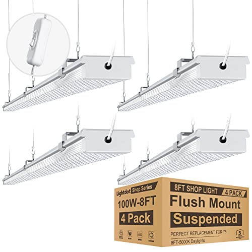 Compact 8FT LED Shop Light, Diamond PMMA Cover Wrap-Arround Lights Fixture with 5FT Switch Power Cord, 100W[Eqv. to 400W HPS/WH] Surface/Suspend Mount, Energy-Saving up to 3650W/5Y(5hrs/Day) 4Pack