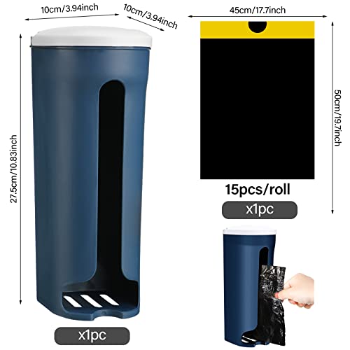 Grocery Plastic Bag Holder and Dispenser for Plastic Bags Wall Mount or Adhesive with 1 Roll Black Trash Bags Garbage Bags, Grocery Bag Holder Cabinet Bag Saver for Plastic Bags Kitchen (Blue)