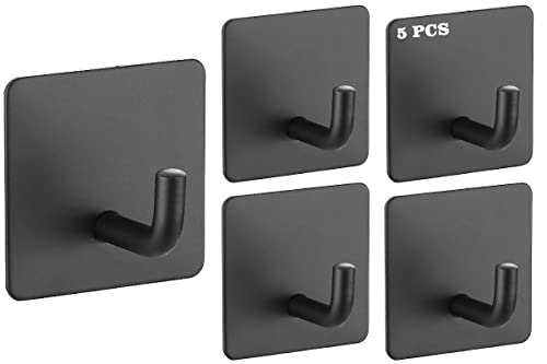 Adhesive Hooks - 5 Pack Heavy Duty Wall Hooks Waterproof Stainless Steel Hooks for Hat Towel Robe Hooks Rack Wall Mount - Bathroom Kitchen Home Hotel Office Cabinet and Bedroom Matte BLACK05