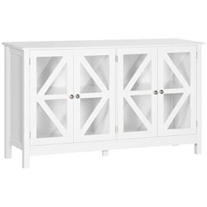 homcom sideboard, buffet cabinet with tempered glass doors and adjustable storage shelf, credenza, white