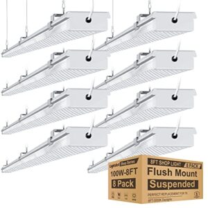 compact 8ft led shop light, diamond pmma cover wrap-arround lights fixture with 5ft switch power cord, 100w[eqv. to 400w hps/wh] surface/suspend mount, energy-saving up to 3650w/5y(5hrs/day) 8pack