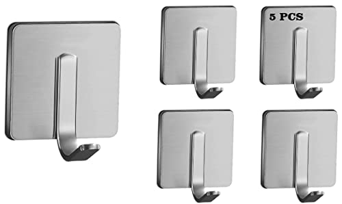 Adhesive Hooks - 5 Pack Heavy Duty Wall Hooks Waterproof Stainless Steel Hooks for Hat Towel Robe Hooks Rack Wall Mount - Bathroom Kitchen Home Hotel Office Cabinet and Bedroom CHROM03