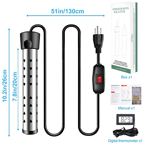 Immersion Water Heater, Cadrim 1500W Electric Submersible Water Heater, Stainless Steel Guard Cover and Convenient Switch, Home Instant Water Heater to Heat 5 Gallons of Water in Min