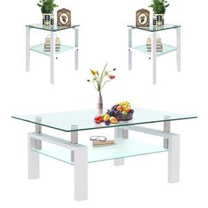 glass coffee table and end table sets, white tempered glass living room table set of 3, modern tea table & 2 side tables 2-layer perfect for home office furniture