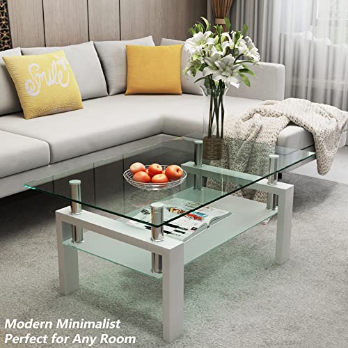 Glass Coffee Table and End Table Sets, White Tempered Glass Living Room Table Set of 3, Modern Tea Table & 2 Side Tables 2-Layer Perfect for Home Office Furniture