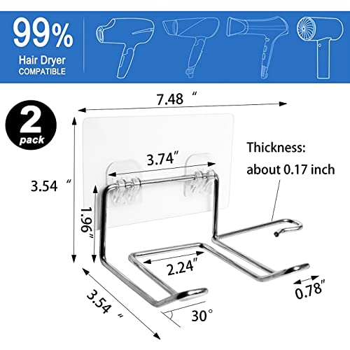 CenterZ 2 Pack Hair Dryer Holder, Self Adhesive Wall Mount Waterproof Blow Dryer Rack Storage Organizer Hanger, Compatible with Dyson and Most Hair Dryers Appliance, Brush, Curling Iron, Straightener