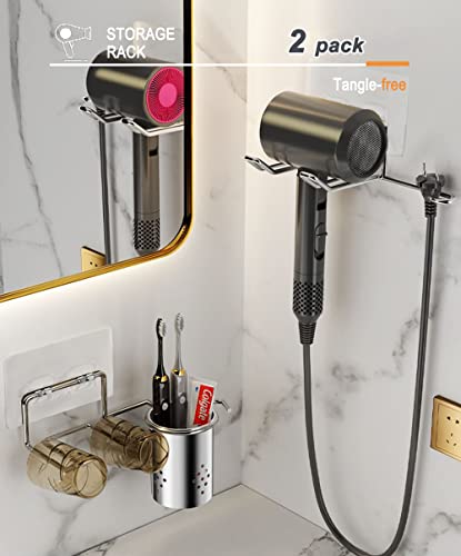 CenterZ 2 Pack Hair Dryer Holder, Self Adhesive Wall Mount Waterproof Blow Dryer Rack Storage Organizer Hanger, Compatible with Dyson and Most Hair Dryers Appliance, Brush, Curling Iron, Straightener