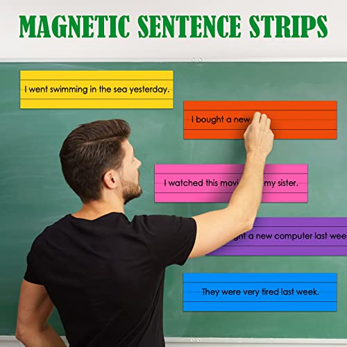 Spakon 20 Pcs Magnetic Sentence Strips, with Magnets, 12 x 3 in, Dry Erase, Lined, Reusable Ruled Classroom Learning Tool for Whiteboard (Colorful)