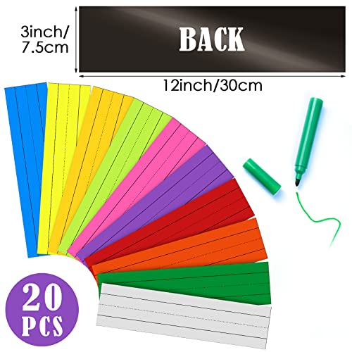 Spakon 20 Pcs Magnetic Sentence Strips, with Magnets, 12 x 3 in, Dry Erase, Lined, Reusable Ruled Classroom Learning Tool for Whiteboard (Colorful)