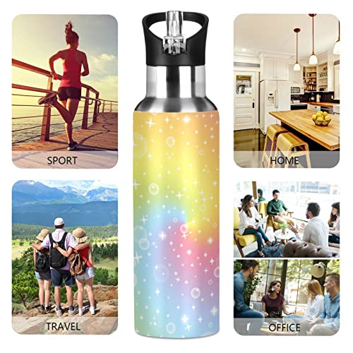 Rainbow Fairytale Magic Sparkles Stars Water Bottle Kids Thermos Bottle with Straw Lid Insulated Stainless Steel Water Flask for School Outdoor Sport Leakproof 20 oz